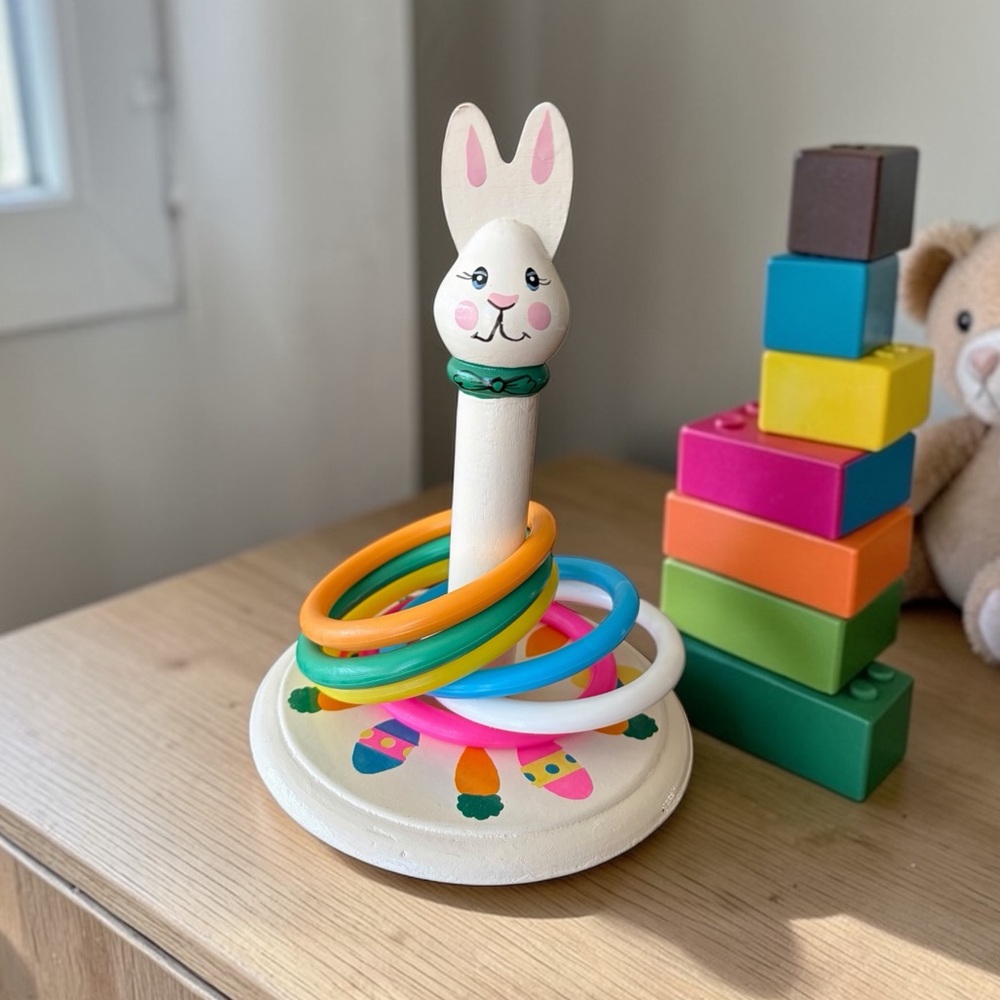 Vintage White Bunny Ring Stacker with Bright Multicolor Rings